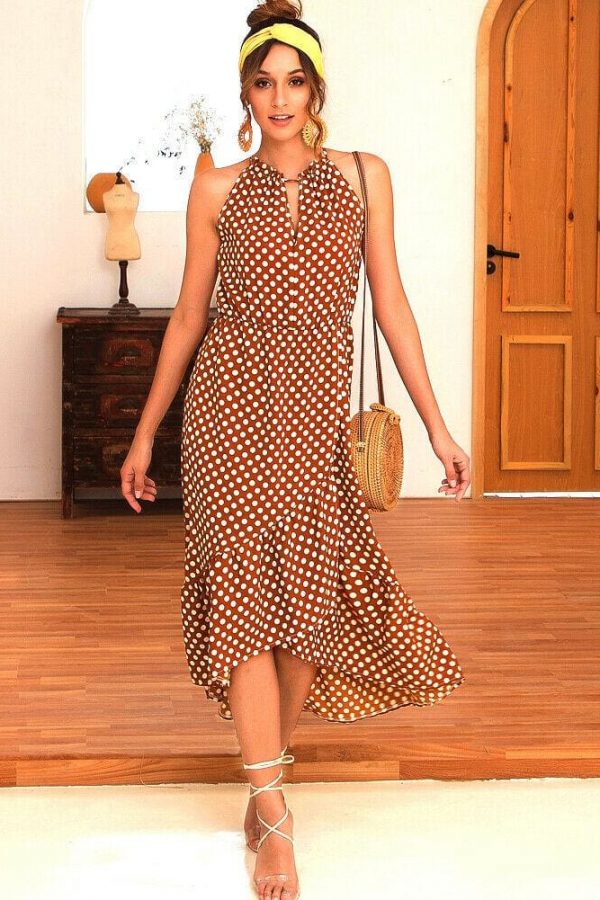 The Best Boho Women Summer Holiday Polka Dot Ruffle Dress Fashion Ladies Sleeveless Halter Neck Casual Dress Sundress Online - Takalr