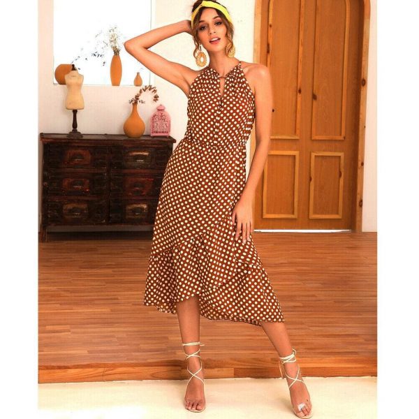 The Best Boho Women Summer Holiday Polka Dot Ruffle Dress Fashion Ladies Sleeveless Halter Neck Casual Dress Sundress Online - Takalr