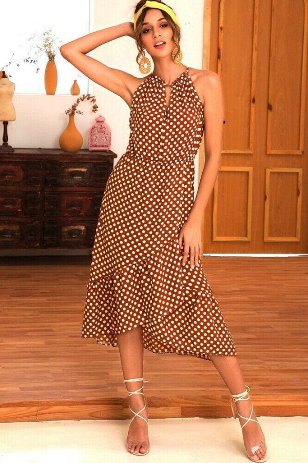 The Best Boho Women Summer Holiday Polka Dot Ruffle Dress Fashion Ladies Sleeveless Halter Neck Casual Dress Sundress Online - Takalr