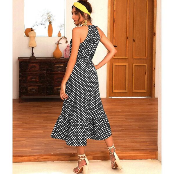 The Best Boho Women Summer Holiday Polka Dot Ruffle Dress Fashion Ladies Sleeveless Halter Neck Casual Dress Sundress Online - Takalr