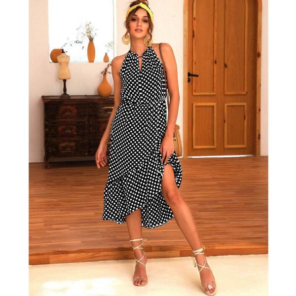 The Best Boho Women Summer Holiday Polka Dot Ruffle Dress Fashion Ladies Sleeveless Halter Neck Casual Dress Sundress Online - Takalr