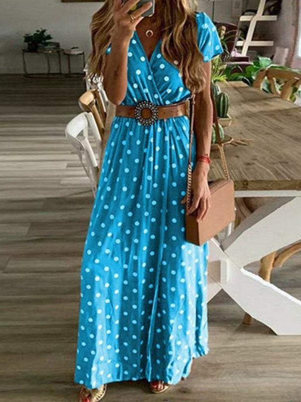 The Best Boho Women Summer Maxi Long Dress Fashion Ladies Short Sleeve V-neck Beach Evening Party Polka Dot Sundress Online - Takalr