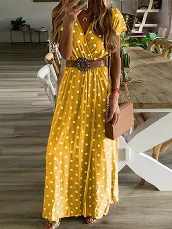 The Best Boho Women Summer Maxi Long Dress Fashion Ladies Short Sleeve V-neck Beach Evening Party Polka Dot Sundress Online - Takalr