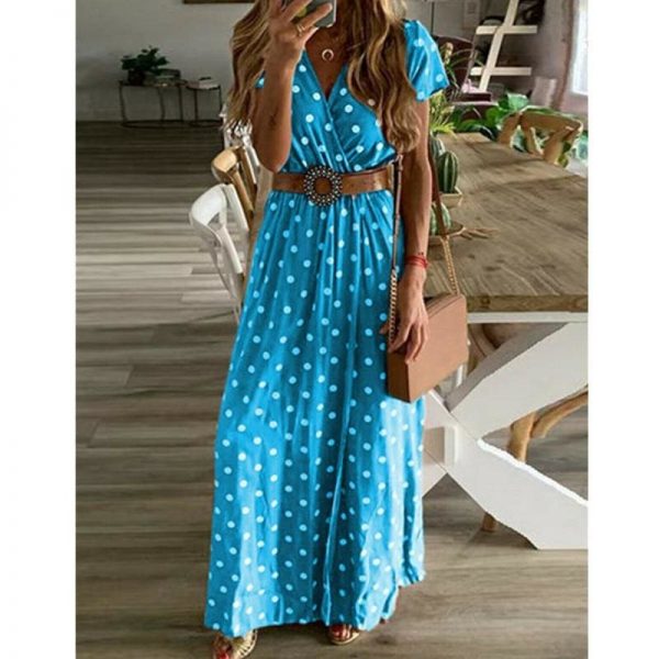 The Best Boho Women Summer Maxi Long Dress Fashion Ladies Short Sleeve V-neck Beach Evening Party Polka Dot Sundress Online - Takalr