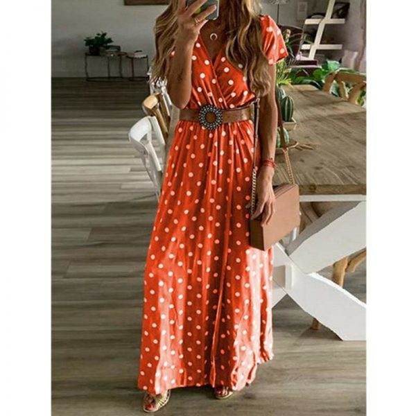 The Best Boho Women Summer Maxi Long Dress Fashion Ladies Short Sleeve V-neck Beach Evening Party Polka Dot Sundress Online - Takalr