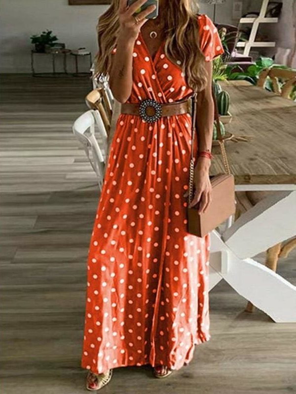 The Best Boho Women Summer Maxi Long Dress Fashion Ladies Short Sleeve V-neck Beach Evening Party Polka Dot Sundress Online - Takalr