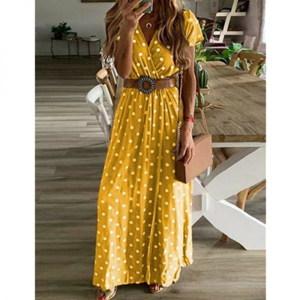 The Best Boho Women Summer Maxi Long Dress Fashion Ladies Short Sleeve V-neck Beach Evening Party Polka Dot Sundress Online - Takalr