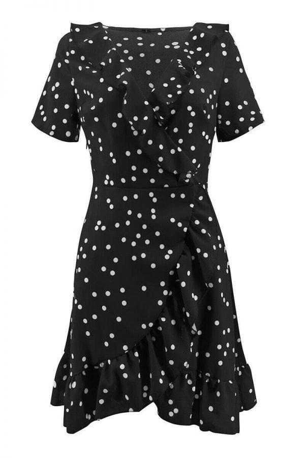 The Best Boho Women Summer Polka Dot Short Sleeve Deep V Neck Mini Dress Party Beach Holiday Sweet Ruffles Sundress Online - Takalr