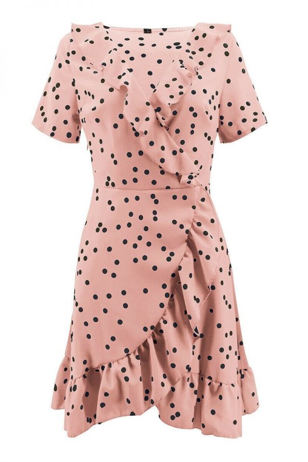 The Best Boho Women Summer Polka Dot Short Sleeve Deep V Neck Mini Dress Party Beach Holiday Sweet Ruffles Sundress Online - Takalr