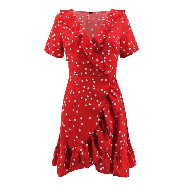 The Best Boho Women Summer Polka Dot Short Sleeve Deep V Neck Mini Dress Party Beach Holiday Sweet Ruffles Sundress Online - Takalr