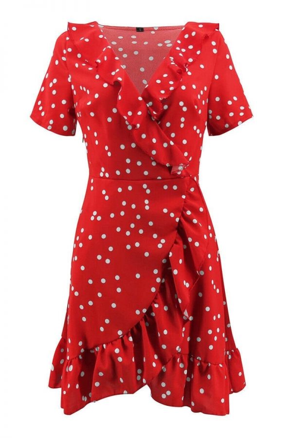 The Best Boho Women Summer Polka Dot Short Sleeve Deep V Neck Mini Dress Party Beach Holiday Sweet Ruffles Sundress Online - Takalr