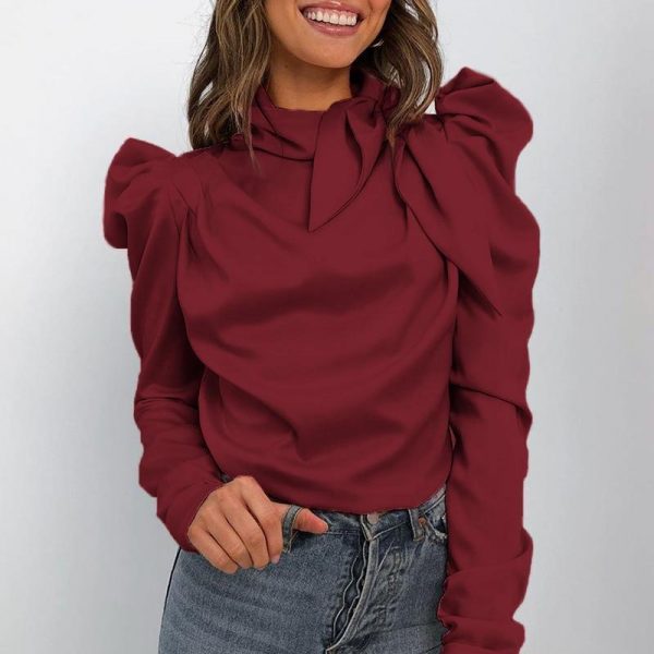 bow tied neck long sleeve t shirt women solid puff sleeve tee shirts tops elegant ladies basic top blusa feminino - Takalr