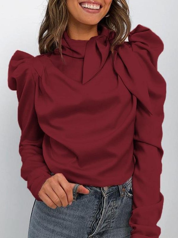 bow tied neck long sleeve t shirt women solid puff sleeve tee shirts tops elegant ladies basic top blusa feminino - Takalr