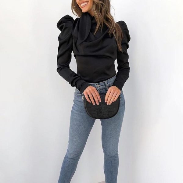 bow tied neck long sleeve t shirt women solid puff sleeve tee shirts tops elegant ladies basic top blusa feminino - Takalr