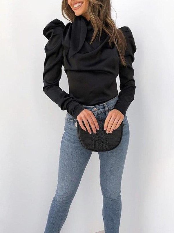 bow tied neck long sleeve t shirt women solid puff sleeve tee shirts tops elegant ladies basic top blusa feminino - Takalr