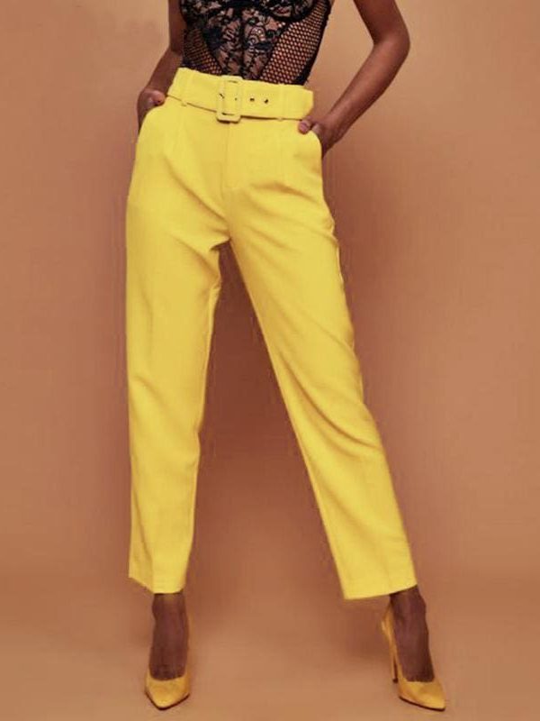 The Best Buckle belt trousers women pants loose work high waist suit pants Online - Takalr