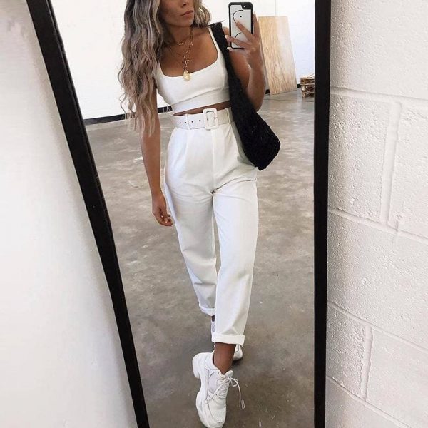 The Best Buckle belt trousers women pants loose work high waist suit pants Online - Takalr