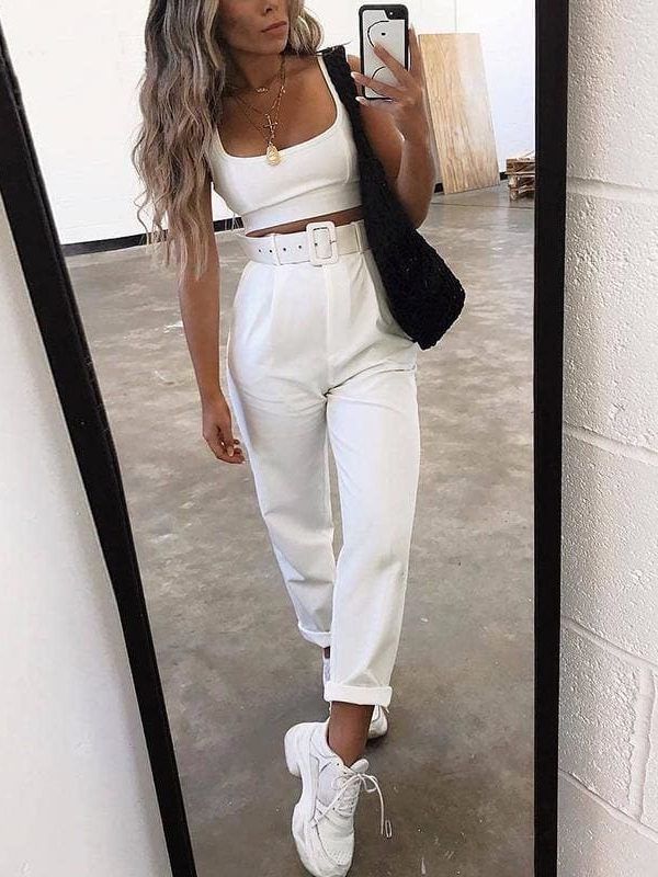 The Best Buckle belt trousers women pants loose work high waist suit pants Online - Takalr