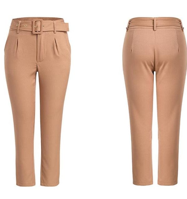 The Best Buckle belt trousers women pants loose work high waist suit pants Online - Takalr