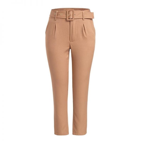 The Best Buckle belt trousers women pants loose work high waist suit pants Online - Takalr