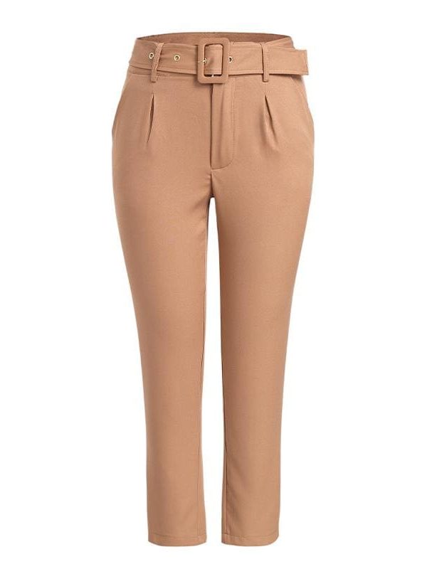 The Best Buckle belt trousers women pants loose work high waist suit pants Online - Takalr