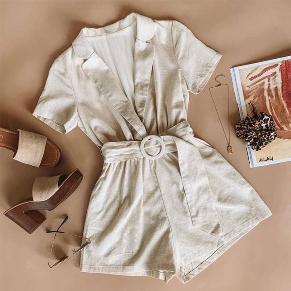 The Best button belt tie summer playsuits women casual linen beach playsuits Online - Takalr