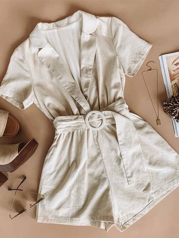 The Best button belt tie summer playsuits women casual linen beach playsuits Online - Takalr