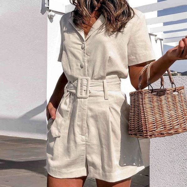 The Best button belt tie summer playsuits women casual linen beach playsuits Online - Takalr