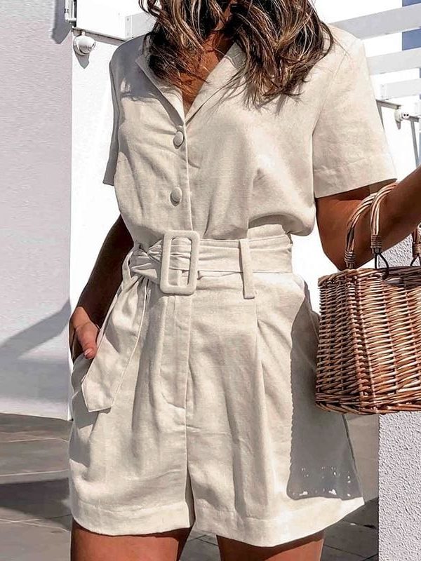 The Best button belt tie summer playsuits women casual linen beach playsuits Online - Takalr