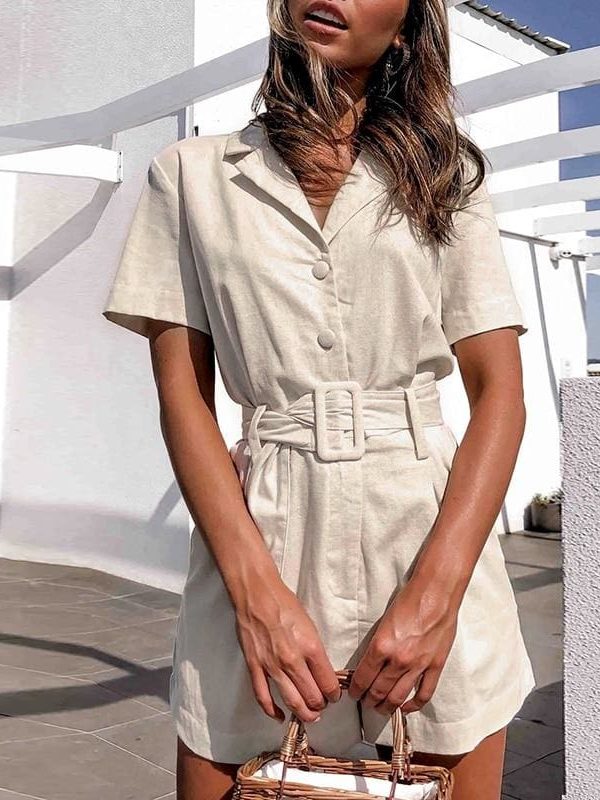 The Best button belt tie summer playsuits women casual linen beach playsuits Online - Takalr