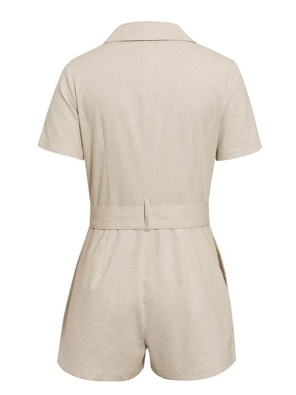 The Best button belt tie summer playsuits women casual linen beach playsuits Online - Takalr