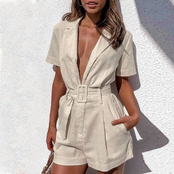 The Best button belt tie summer playsuits women casual linen beach playsuits Online - Takalr