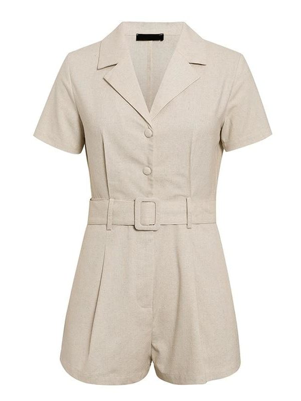 The Best button belt tie summer playsuits women casual linen beach playsuits Online - Takalr