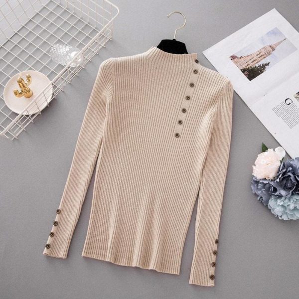 The Best Button Turtleneck Sweater Women Spring Autumn Knitted Pullover Sweater Online - Takalr