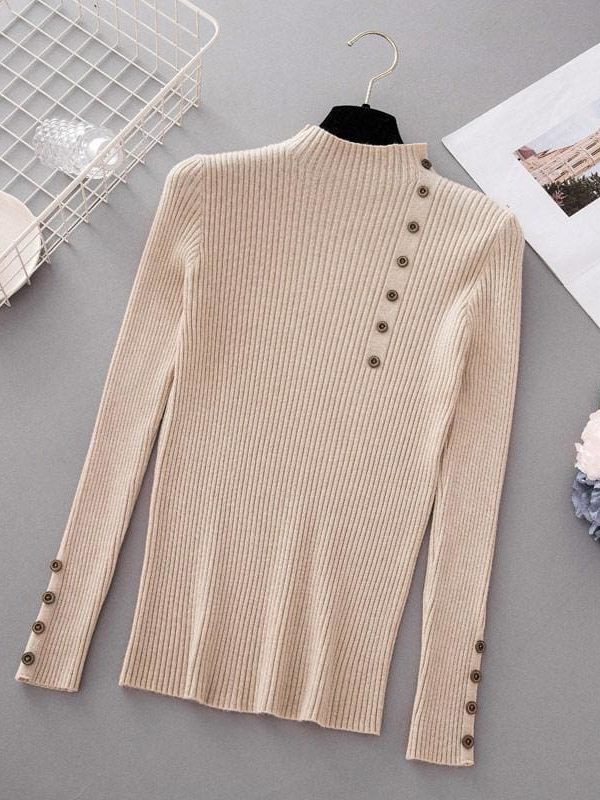 The Best Button Turtleneck Sweater Women Spring Autumn Knitted Pullover Sweater Online - Takalr