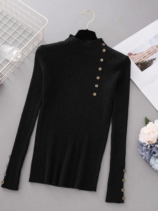 The Best Button Turtleneck Sweater Women Spring Autumn Knitted Pullover Sweater Online - Takalr