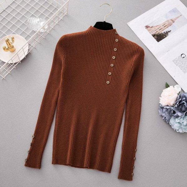 The Best Button Turtleneck Sweater Women Spring Autumn Knitted Pullover Sweater Online - Takalr