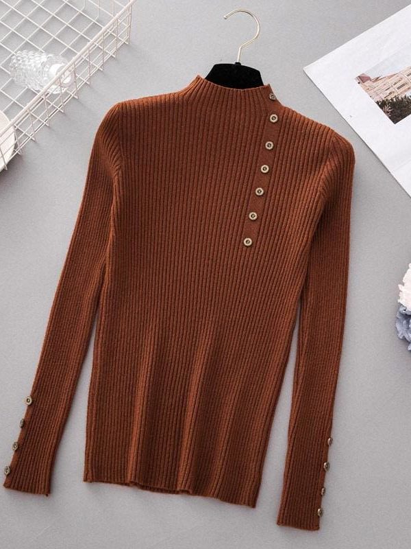 The Best Button Turtleneck Sweater Women Spring Autumn Knitted Pullover Sweater Online - Takalr