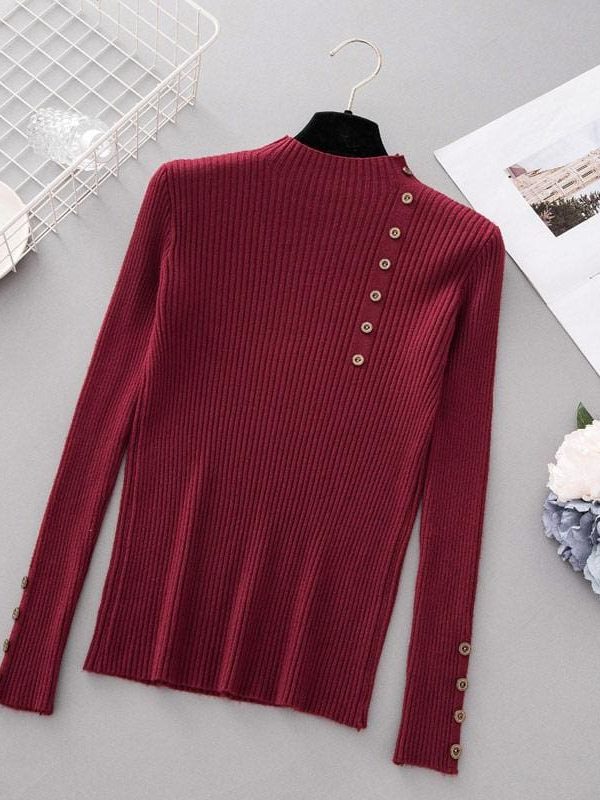 The Best Button Turtleneck Sweater Women Spring Autumn Knitted Pullover Sweater Online - Takalr