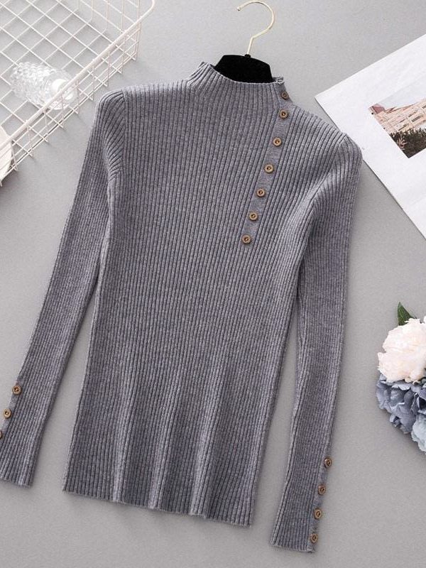 The Best Button Turtleneck Sweater Women Spring Autumn Knitted Pullover Sweater Online - Takalr