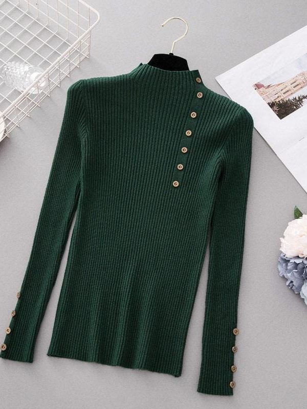 The Best Button Turtleneck Sweater Women Spring Autumn Knitted Pullover Sweater Online - Takalr