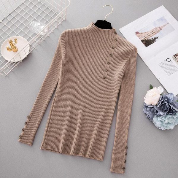 The Best Button Turtleneck Sweater Women Spring Autumn Knitted Pullover Sweater Online - Takalr