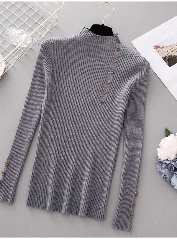 The Best Button Turtleneck Sweater Women Spring Autumn Knitted Pullover Sweater Online - Takalr