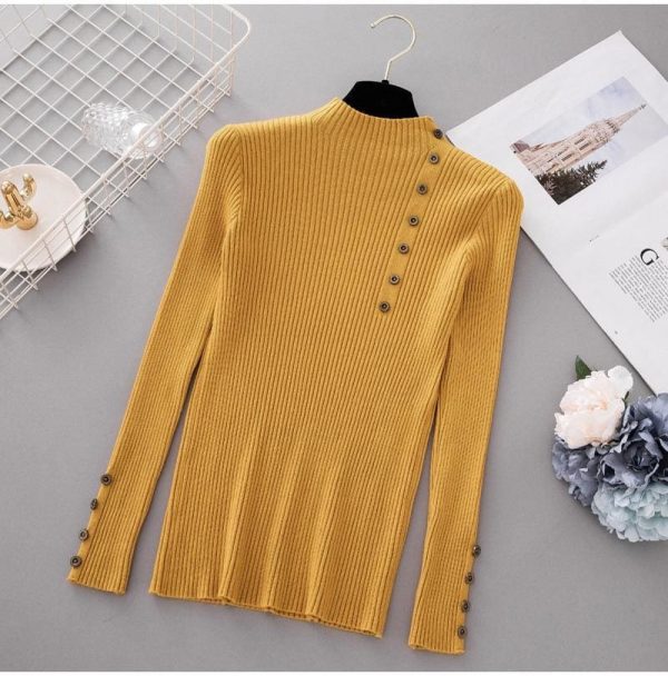 The Best Button Turtleneck Sweater Women Spring Autumn Knitted Pullover Sweater Online - Takalr