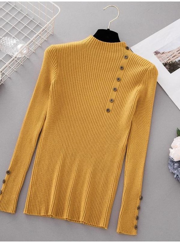 The Best Button Turtleneck Sweater Women Spring Autumn Knitted Pullover Sweater Online - Takalr