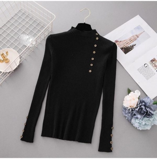 The Best Button Turtleneck Sweater Women Spring Autumn Knitted Pullover Sweater Online - Takalr