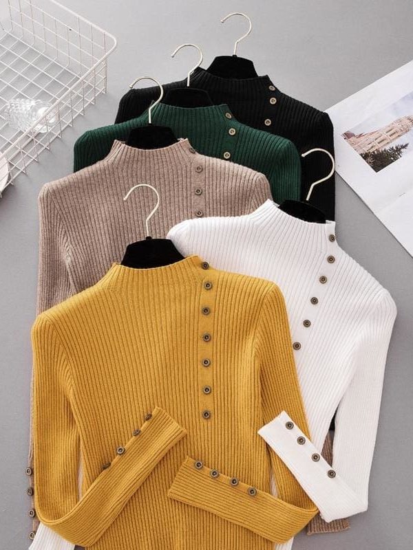 The Best Button Turtleneck Sweater Women Spring Autumn Knitted Pullover Sweater Online - Takalr