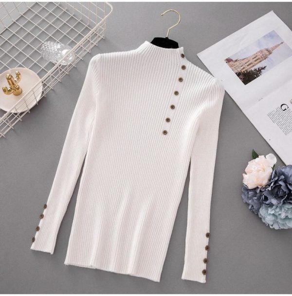 The Best Button Turtleneck Sweater Women Spring Autumn Knitted Pullover Sweater Online - Takalr