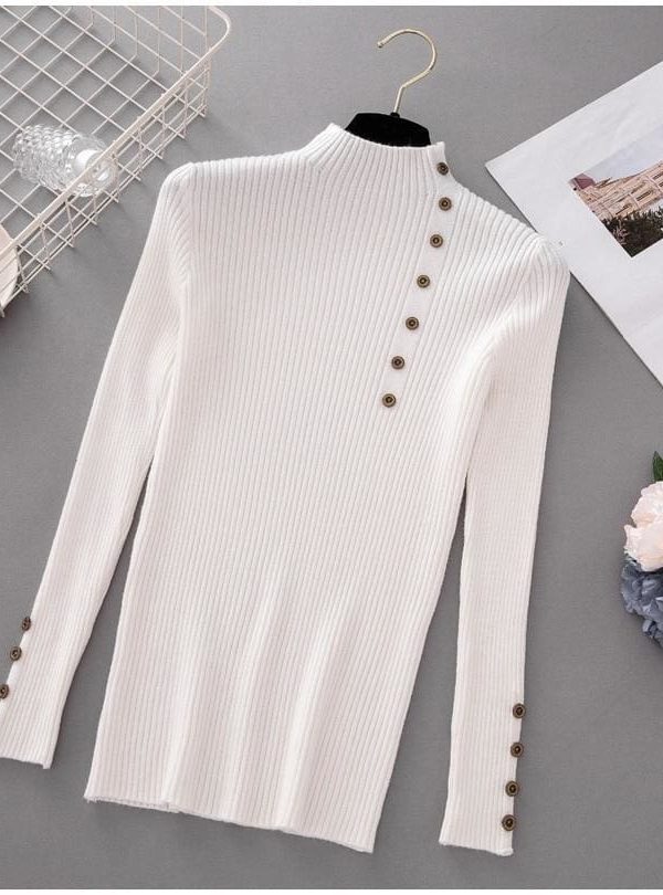 The Best Button Turtleneck Sweater Women Spring Autumn Knitted Pullover Sweater Online - Takalr