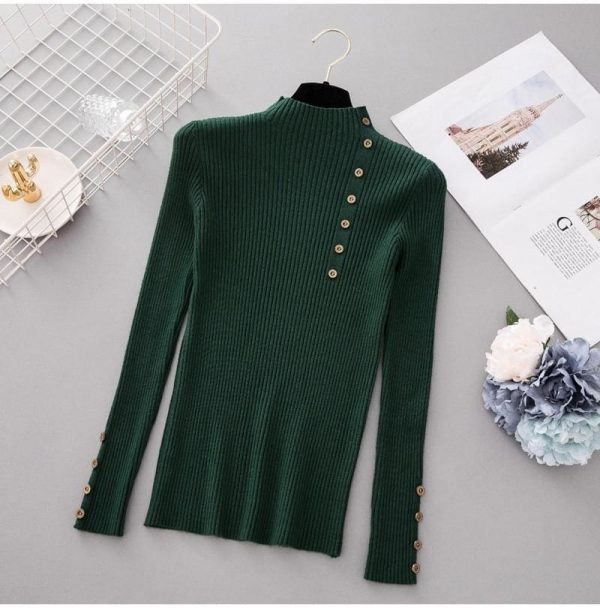 The Best Button Turtleneck Sweater Women Spring Autumn Knitted Pullover Sweater Online - Takalr